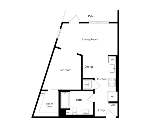 Floor plan for 1 bed, 1 bath, 631 sqft
